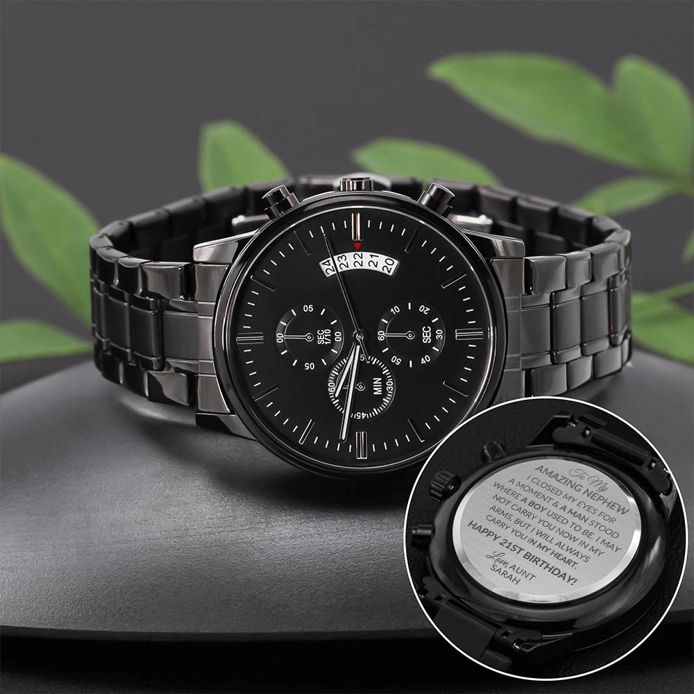 Engraved Design Black Chronograph Watch - Stainless Steel, Copper Dial - Perfect for All Occasions