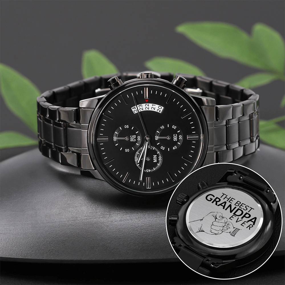 Gift For Grandpa - Best Grandpa Ever - Engraved Black Chronograph Men's Watch + Watch Box - Perfect Birthday Present or Christmas Gift For Him