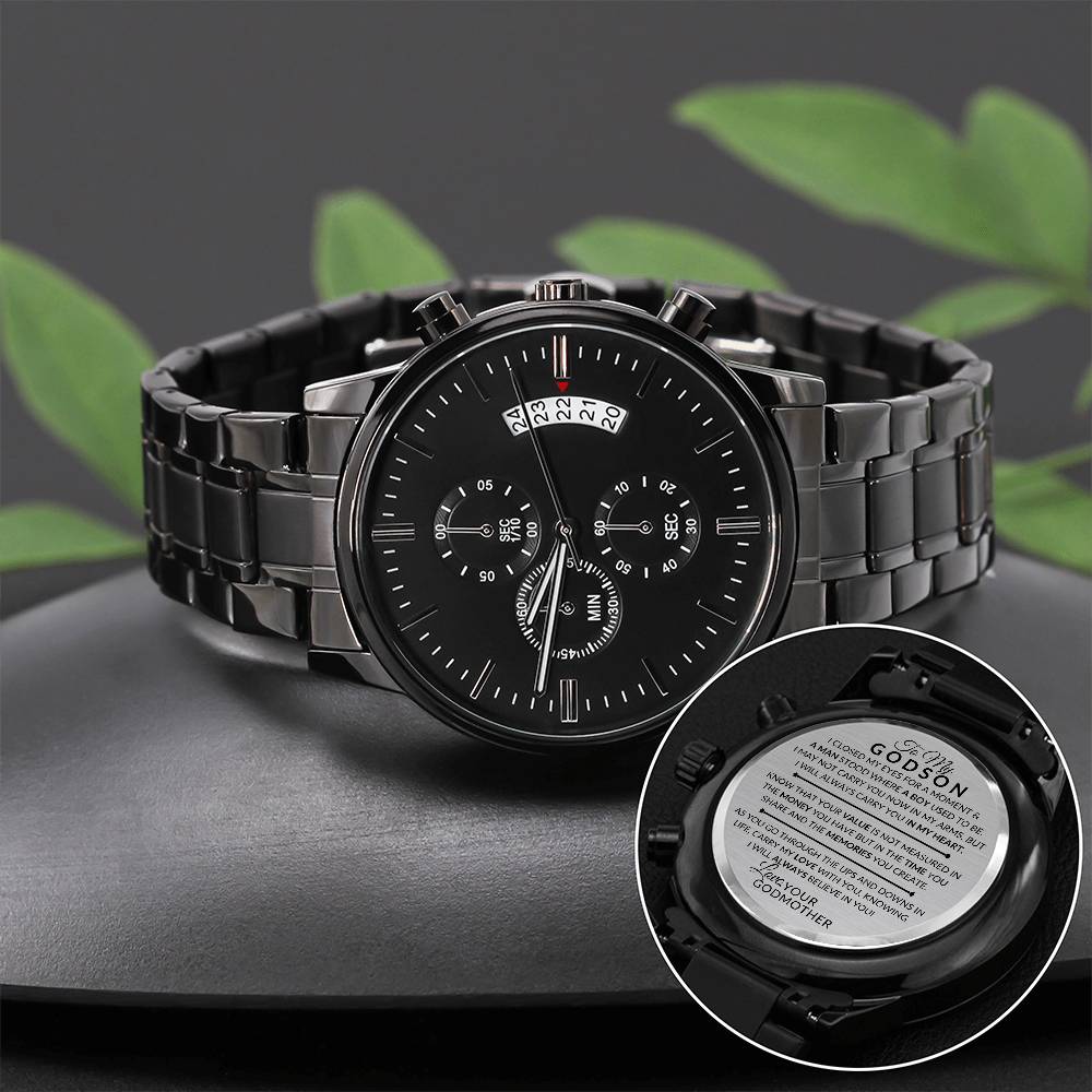 Gift For My Godson From His Godmother - I Closed My Eyes - Engraved Black Chronograph Men's Watch + Watch Box - Perfect Birthday Present or Christmas Gift For Him