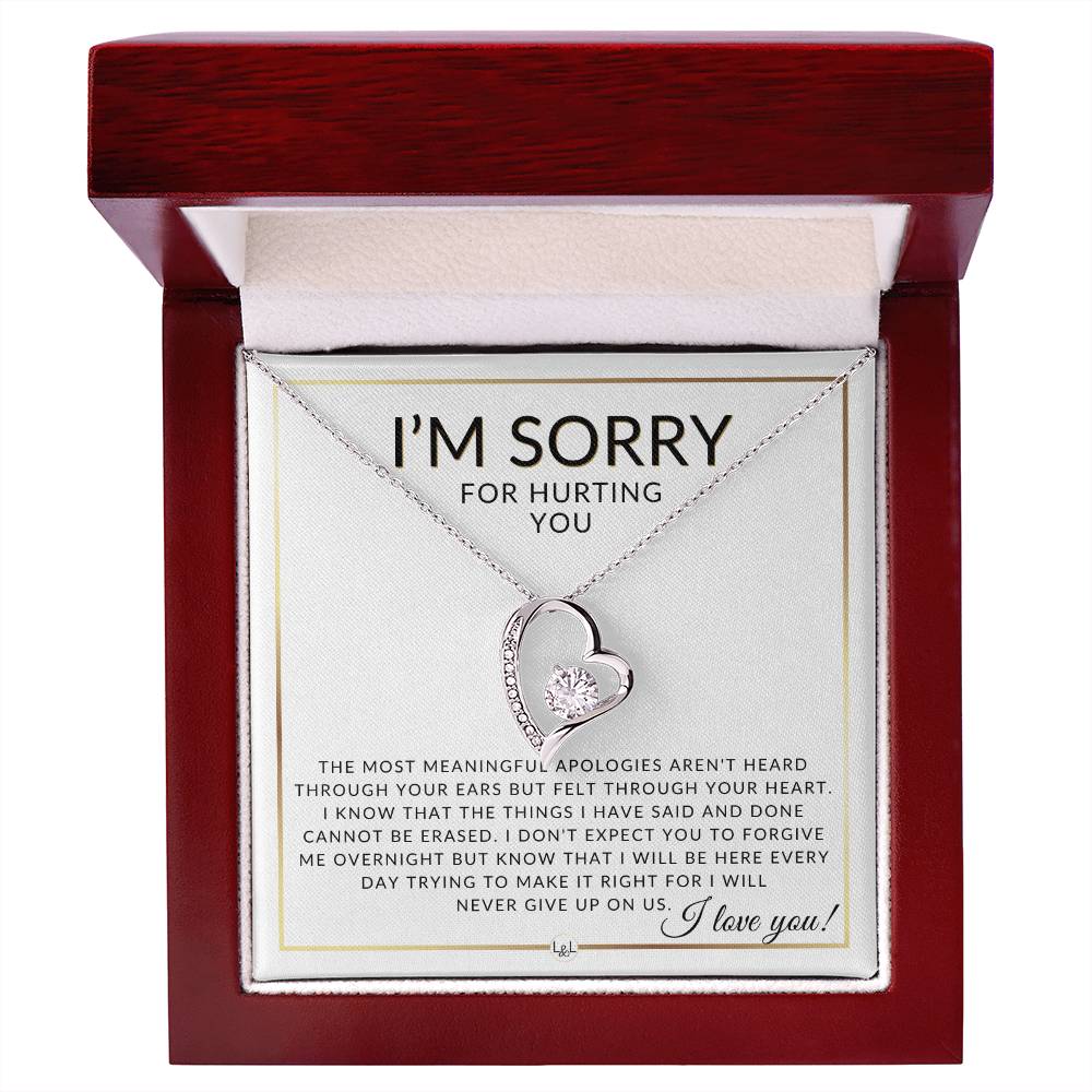I Am Sorry Gift For Her - Never Giving Up - Apology Gift For Wife, Fiancée, or Girlfriend - Beautiful Women's Open Heart Pendant Necklace + Heartfelt Message - Liliana and Liam