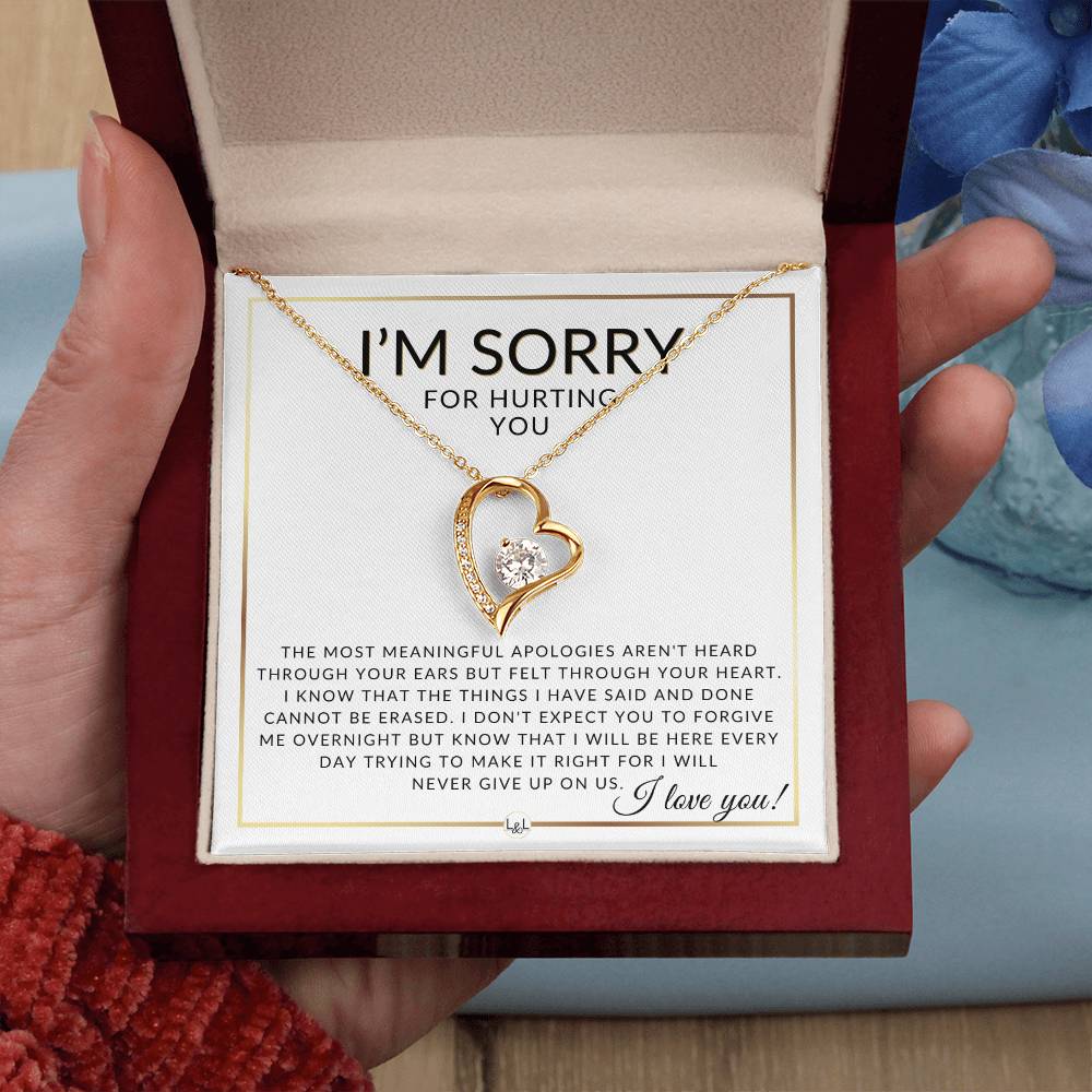 I Am Sorry Gift For Her - Never Giving Up - Apology Gift For Wife, Fiancée, or Girlfriend - Beautiful Women's Open Heart Pendant Necklace + Heartfelt Message - Liliana and Liam