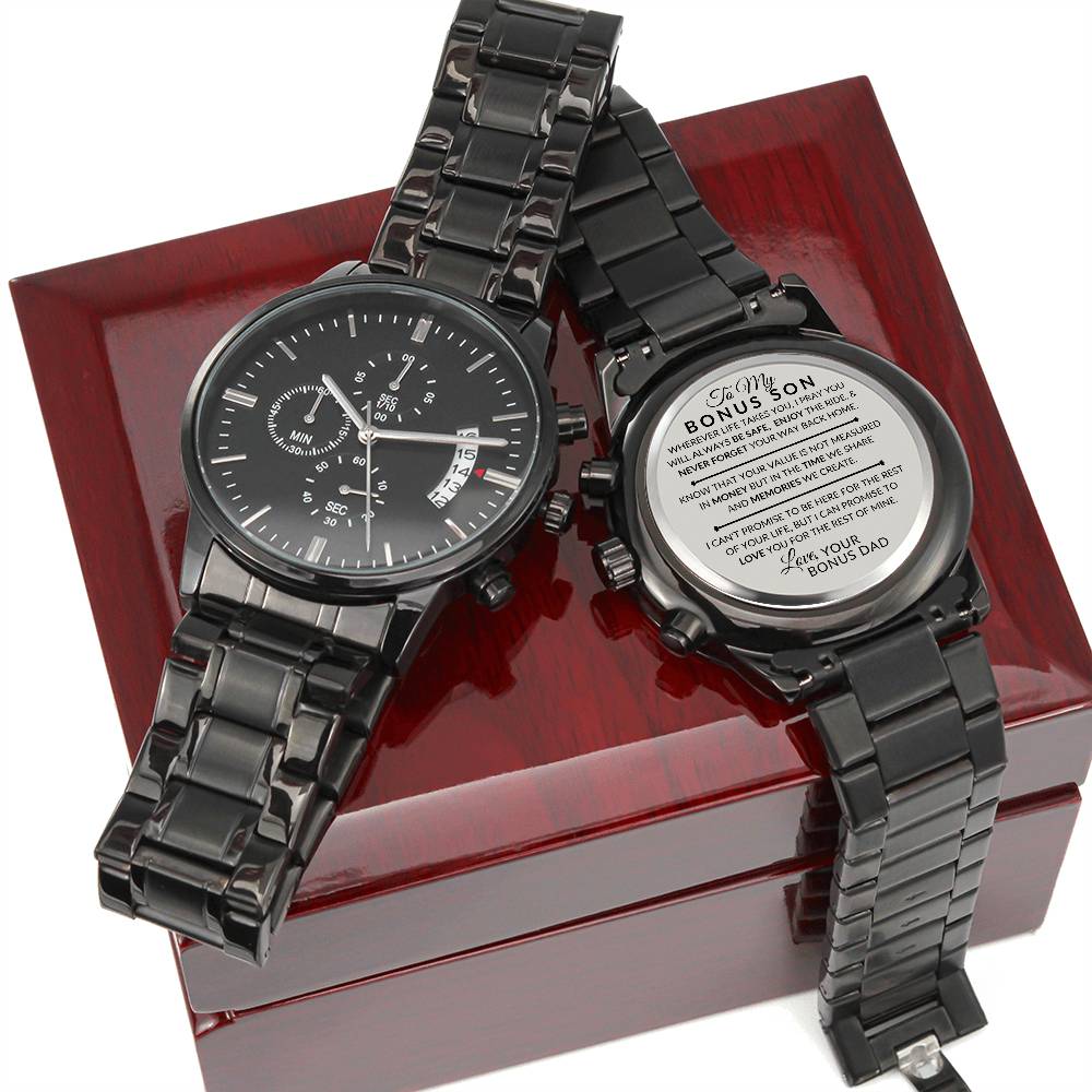 Gift For Bonus Son From Bonus Dad - Never Forget Your Way Home - Engraved Black Chronograph Men's Watch + Watch Box - Perfect Birthday Present or Christmas Gift For Him