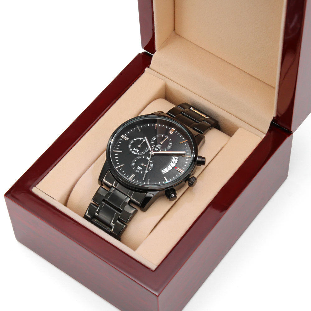 Gift For Bonus Son From Bonus Mom - Never Forget Your Way Home - Engraved Black Chronograph Men's Watch + Watch Box - Perfect Birthday Present or Christmas Gift For Him