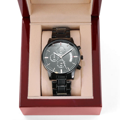 Gift For Future Husband, Fiance, From Future Wife - For An Incredible Man - Engraved Black Chronograph Men's Watch + Watch Box - Perfect Birthday Present or Christmas Gift For Him - Liliana and Liam