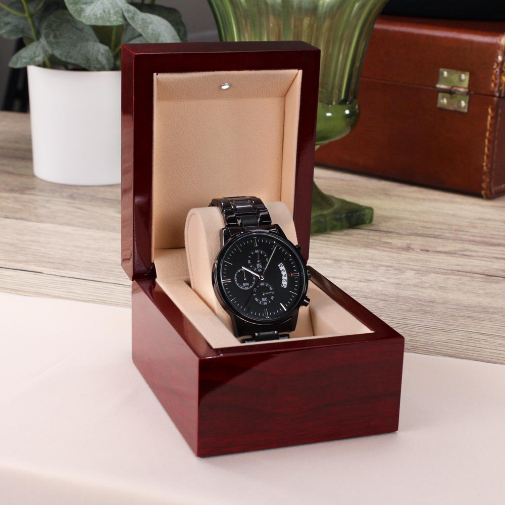 Gift For Future Husband, Fiance, From Future Wife - For An Incredible Man - Engraved Black Chronograph Men's Watch + Watch Box - Perfect Birthday Present or Christmas Gift For Him