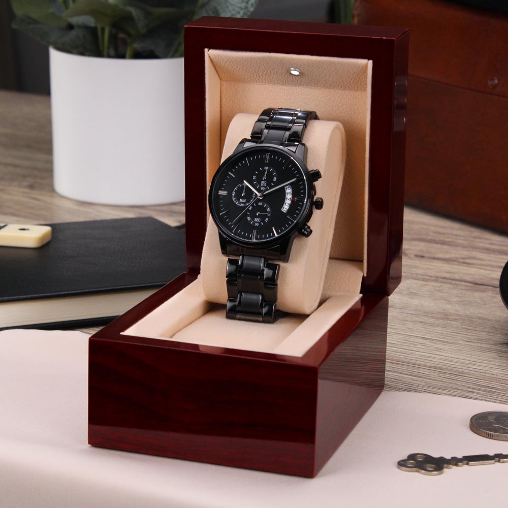 Gift For Future Husband, Fiance, From Future Wife - For An Incredible Man - Engraved Black Chronograph Men's Watch + Watch Box - Perfect Birthday Present or Christmas Gift For Him