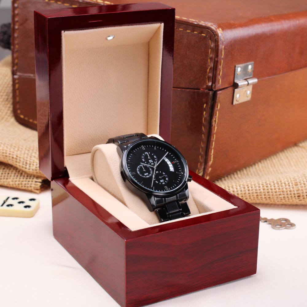 Gift For My Bonus Son From Bonus Dad - Carry My Love With - Engraved Black Chronograph Men's Watch + Watch Box - Perfect Birthday Present or Christmas Gift For Him You