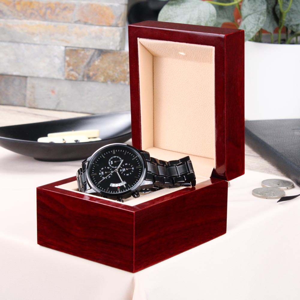Gift For My Bonus Son From Bonus Dad - Carry My Love With - Engraved Black Chronograph Men's Watch + Watch Box - Perfect Birthday Present or Christmas Gift For Him You