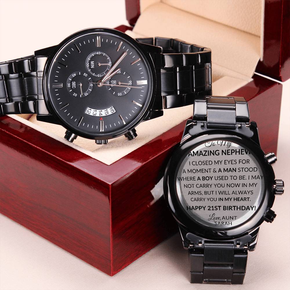 Engraved Design Black Chronograph Watch - Stainless Steel, Copper Dial - Perfect for All Occasions