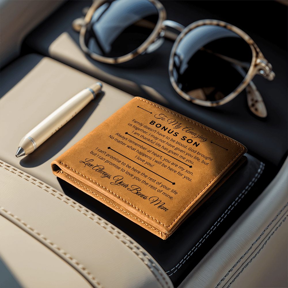 Family Doesn't Have To Be Blood - Custom Bi-fold Leather Wallet - Gift For Bonus Son From Bonus Mom - Liliana and Liam