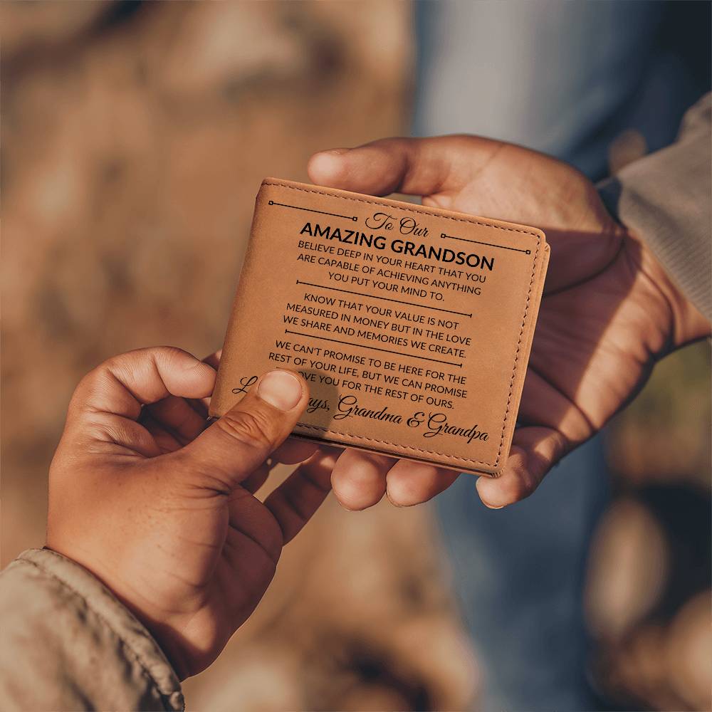 Grandson Gift From Grandma and Grandpa - You Can Achieve Anything - Men's Custom Bi - fold Leather Wallet - Great Christmas Gift or Birthday Present Idea - Liliana and Liam