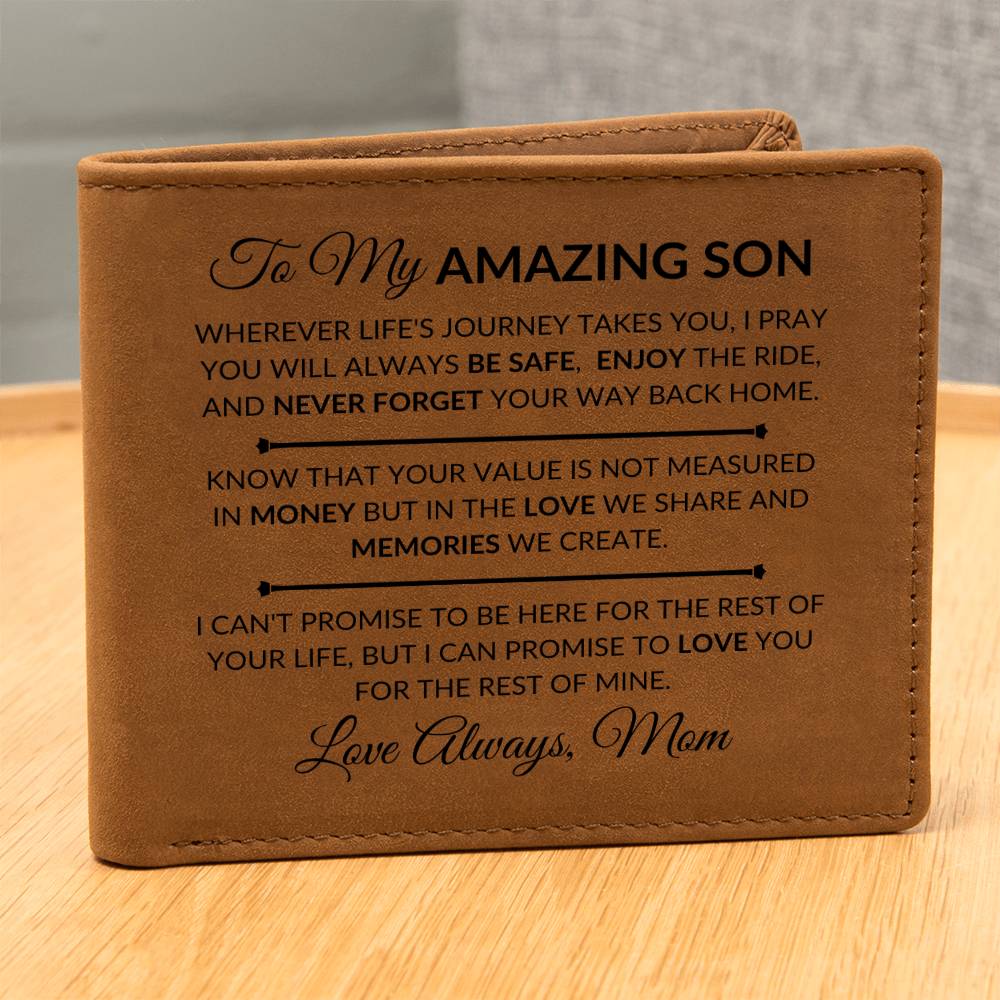 Gift For Son From Mom- Never Forget Your Way Home - Men's Custom Bi-fold Leather Wallet - Great Christmas Gift or Birthday Present Idea