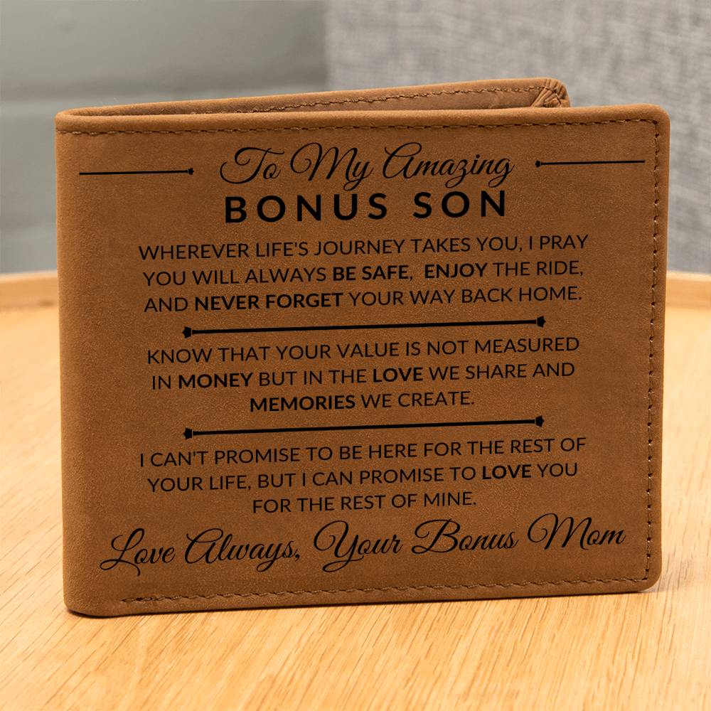 Gift For Bonus Son From Bonus Mom - Never Forget Your Way Home - Men's Custom Bi-fold Leather Wallet - Great Christmas Gift or Birthday Present Idea