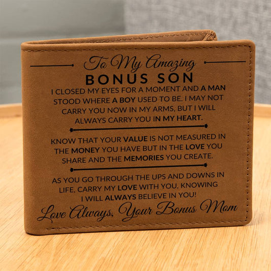 I Closed My Eyes - Custom Bi-fold Leather Wallet - Gift For My Bonus Son From His Bonus Mom - Liliana and Liam