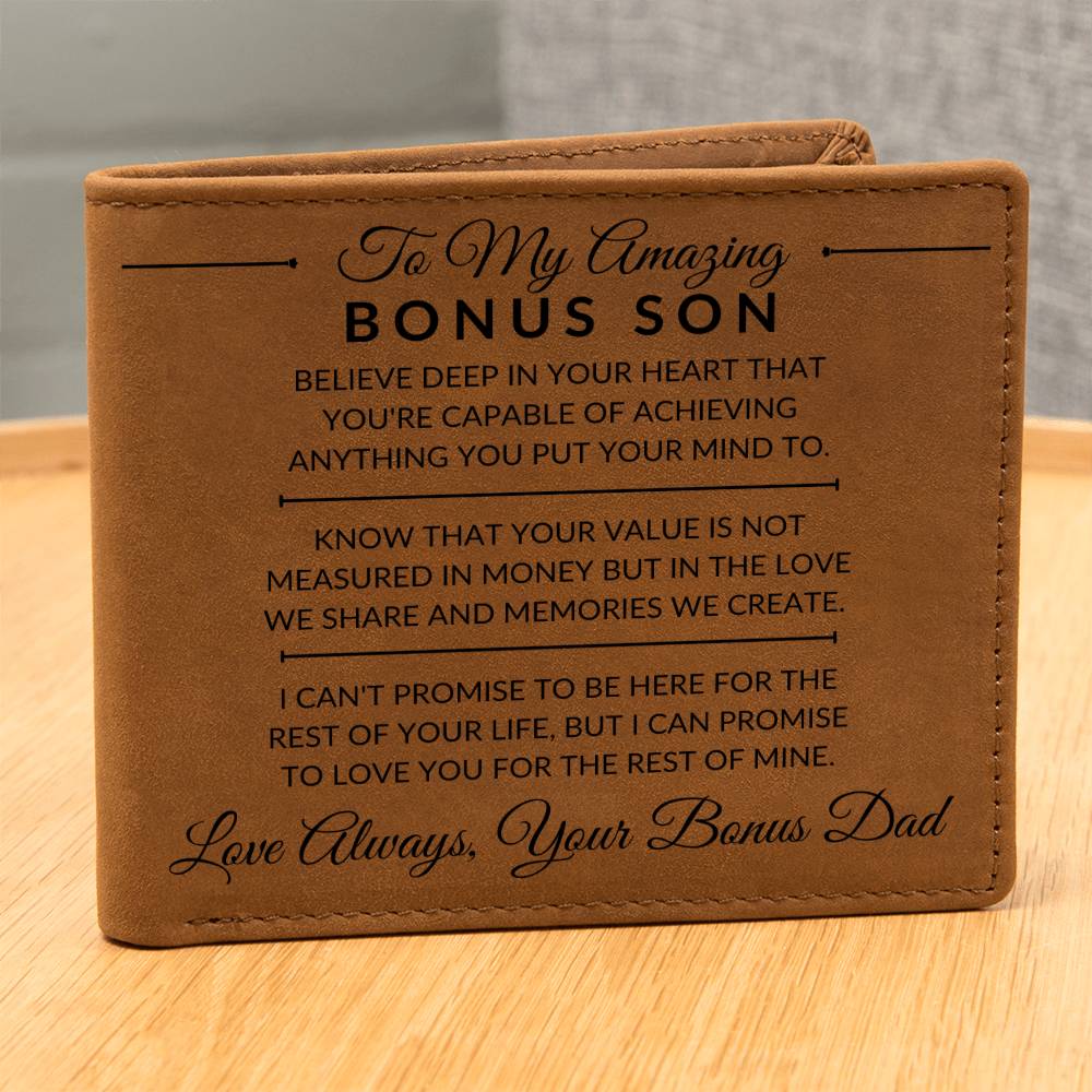 Bonus Son Gift From Bonus Dad - You Can Achieve Anything - Men's Custom Bi-fold Leather Wallet - Great Christmas Gift or Birthday Present Idea