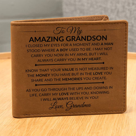 Gift For My Grandson From His Grandma - I Closed My Eyes - Men's Custom Bi - fold Leather Wallet - Great Christmas Gift or Birthday Present Idea - Liliana and Liam