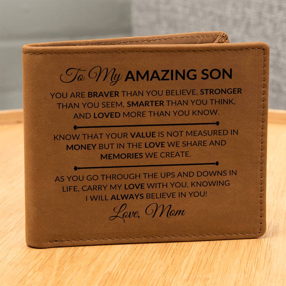 Gift For My Son From Mom - Carry My Love With You - Men's Custom Bi-fold Leather Wallet - Great Christmas Gift or Birthday Present Idea