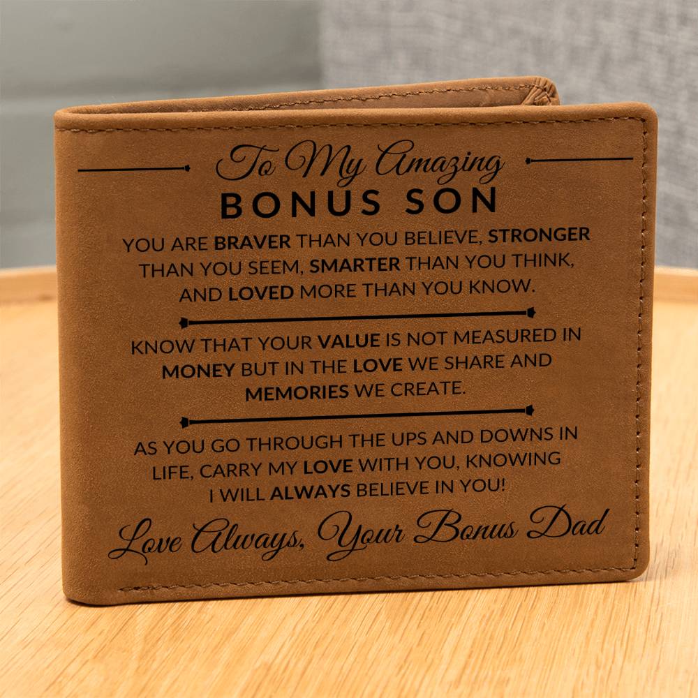 Gift For My Bonus Son From Bonus Dad - Carry My Love With You - Men's Custom Bi-fold Leather Wallet - Great Christmas Gift or Birthday Present Idea