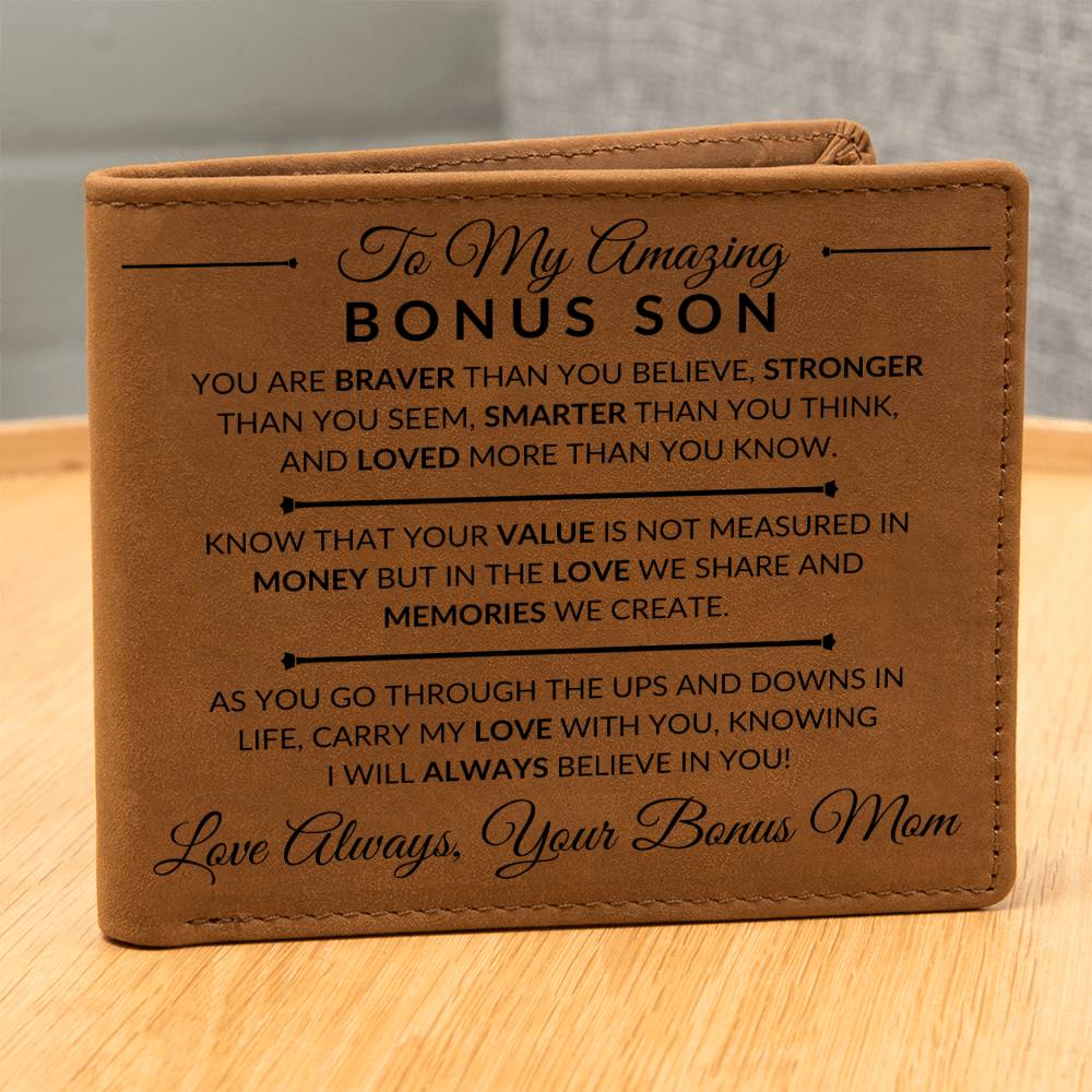 Gift For My Bonus Son From Bonus Mom - Carry My Love With You - Men's Custom Bi-fold Leather Wallet - Great Christmas Gift or Birthday Present Idea