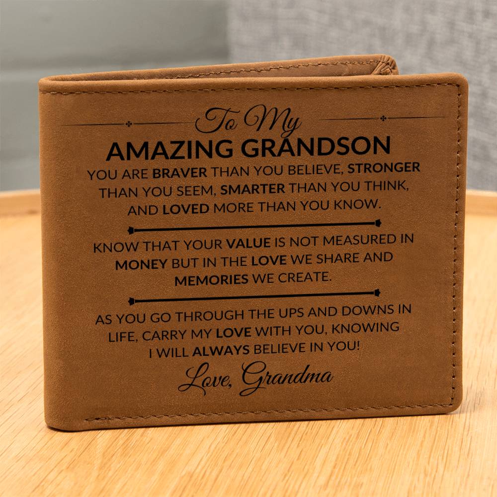Gift For My Grandson From Grandma - Carry My Love With You - Men's Custom Bi-fold Leather Wallet - Great Christmas Gift or Birthday Present Idea