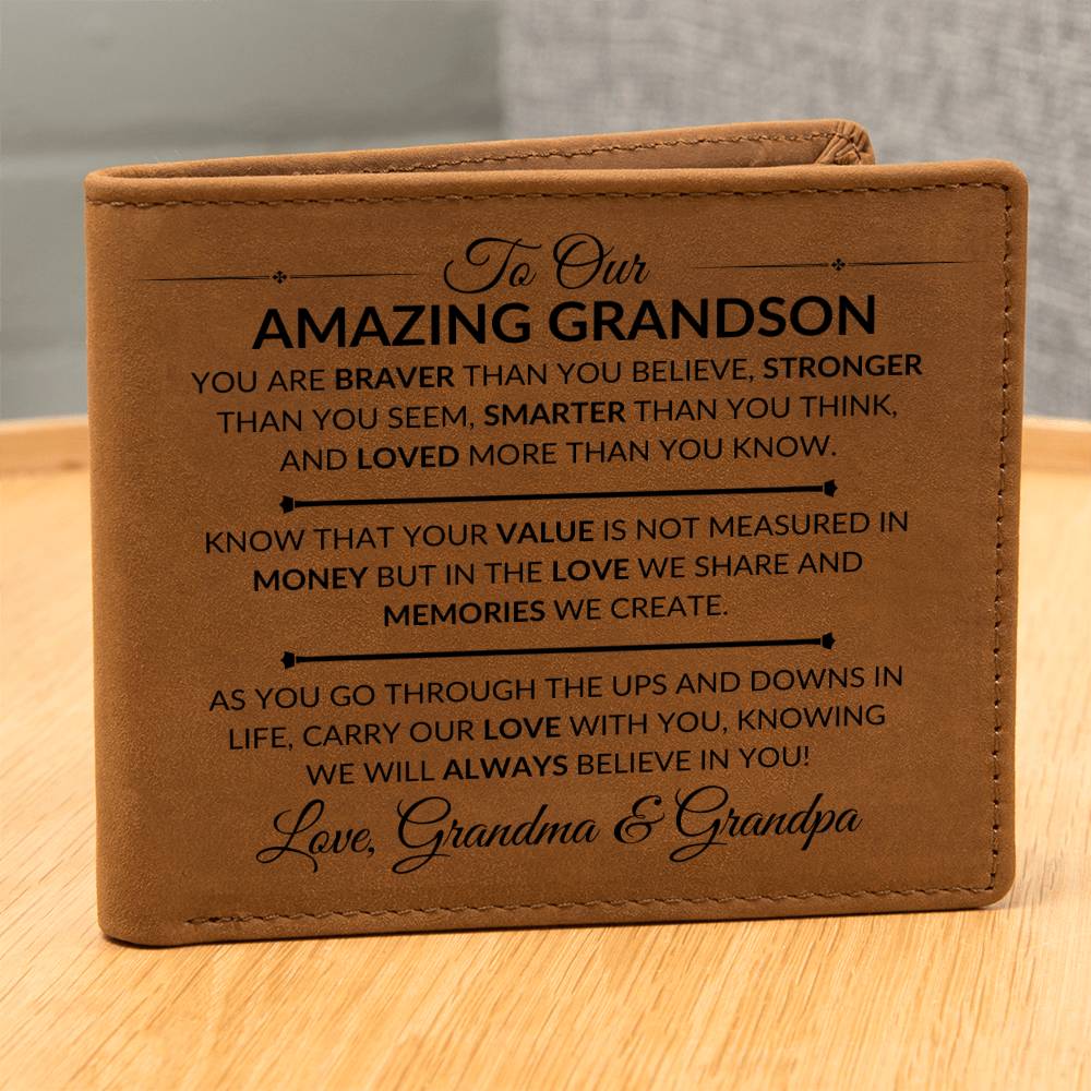 Gift For Our Grandson From Grandma and Grandpa - Carry Our Love With You - Men's Custom Bi-fold Leather Wallet - Great Christmas Gift or Birthday Present Idea