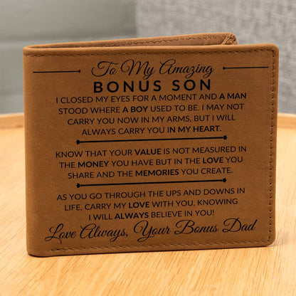 I Closed My Eyes - Custom Bi-fold Leather Wallet - Gift For My Bonus Son From His Bonus Dad - Liliana and Liam