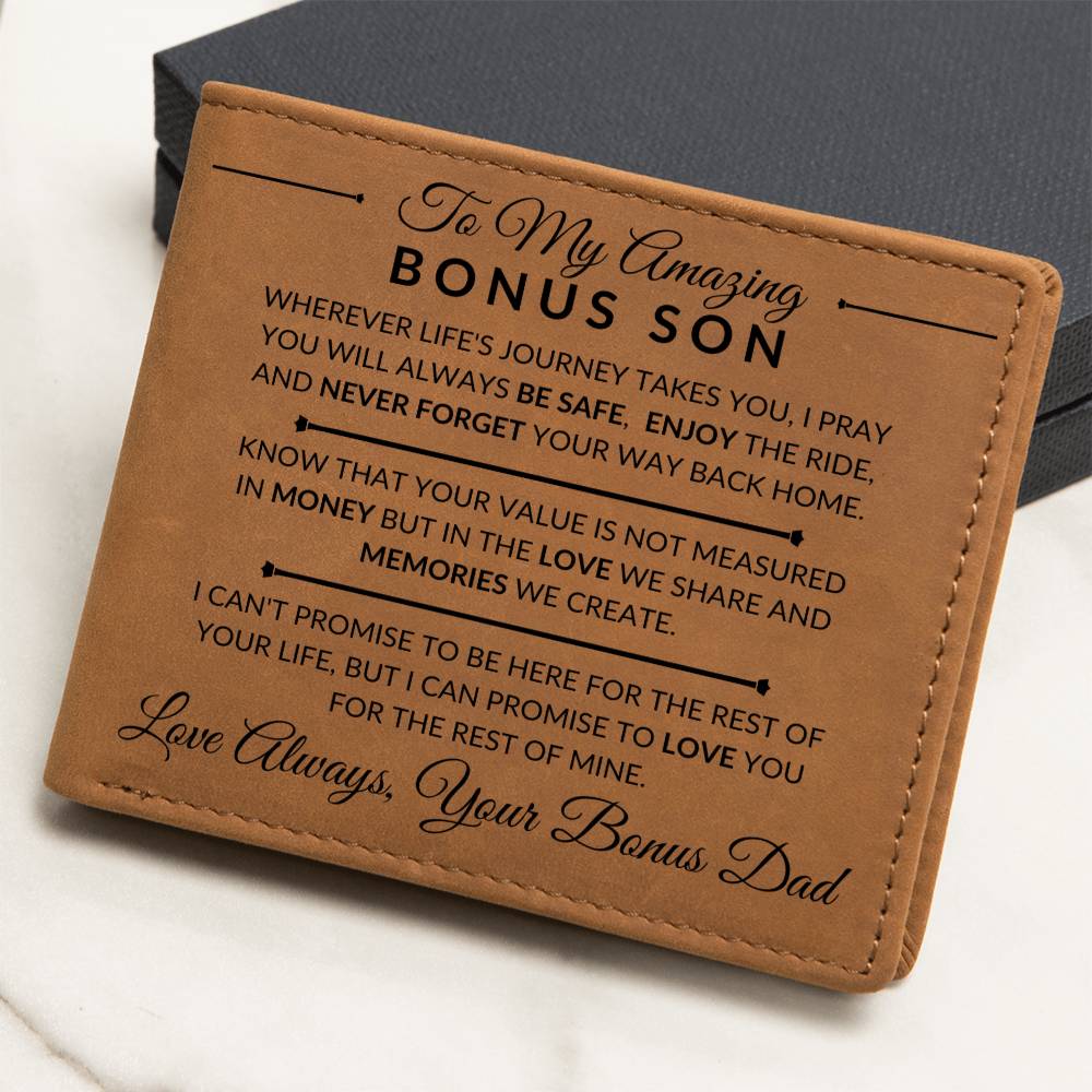 Gift For Bonus Son From Bonus Dad - Never Forget Your Way Home - Men's Custom Bi-fold Leather Wallet - Great Christmas Gift or Birthday Present Idea