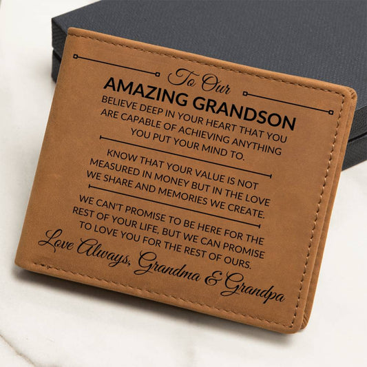 Grandson Gift From Grandma and Grandpa - You Can Achieve Anything - Men's Custom Bi - fold Leather Wallet - Great Christmas Gift or Birthday Present Idea - Liliana and Liam
