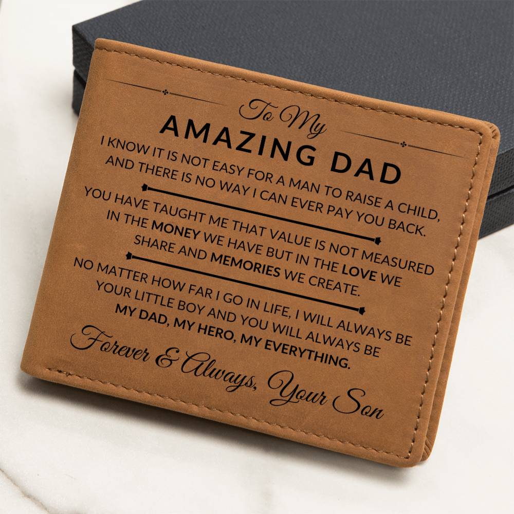 Dad Gift From Son - My Dad, My Hero, My Everything - Men's Custom Bi-fold Leather Wallet - Great Christmas Gift or Birthday Present Idea