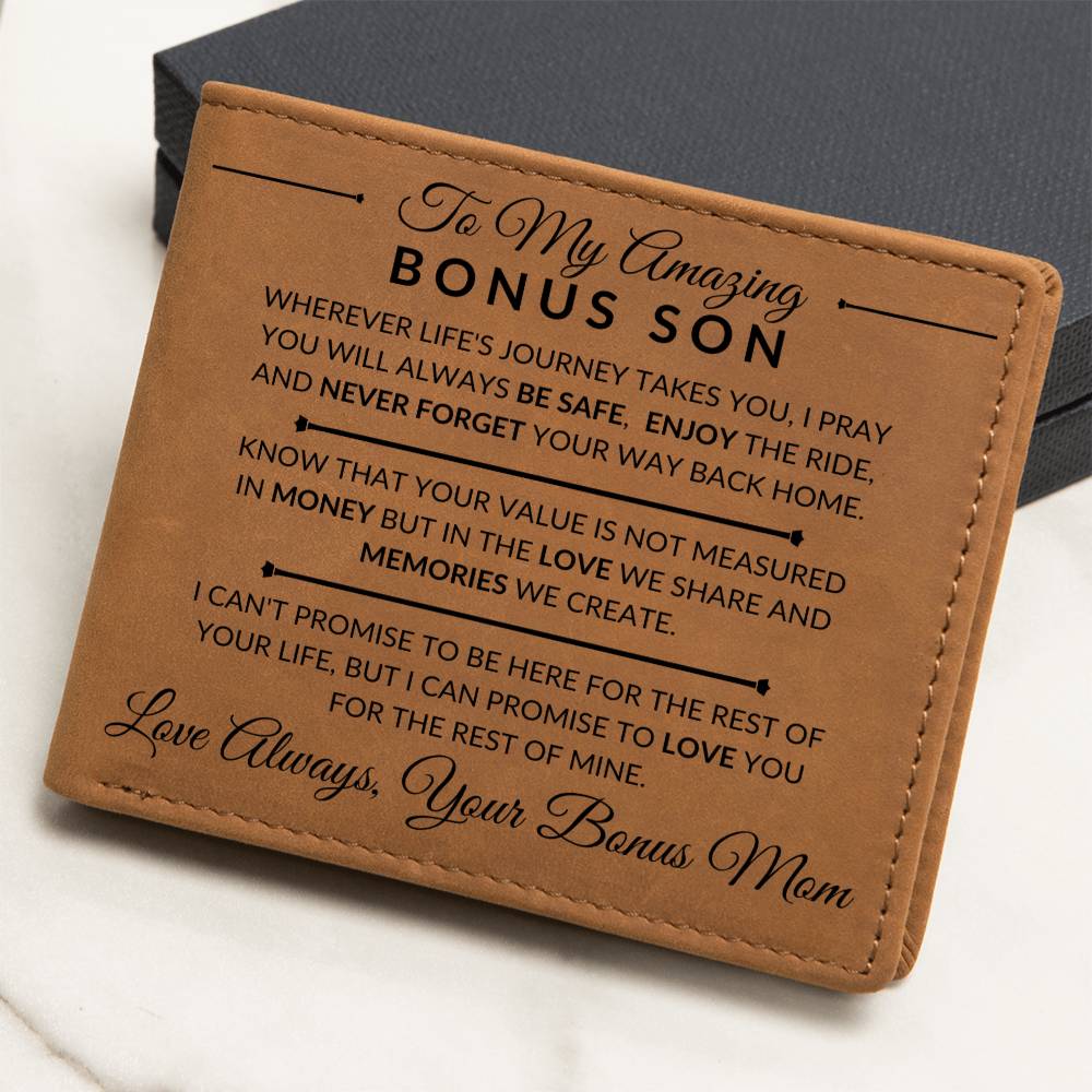 Gift For Bonus Son From Bonus Mom - Never Forget Your Way Home - Men's Custom Bi-fold Leather Wallet - Great Christmas Gift or Birthday Present Idea