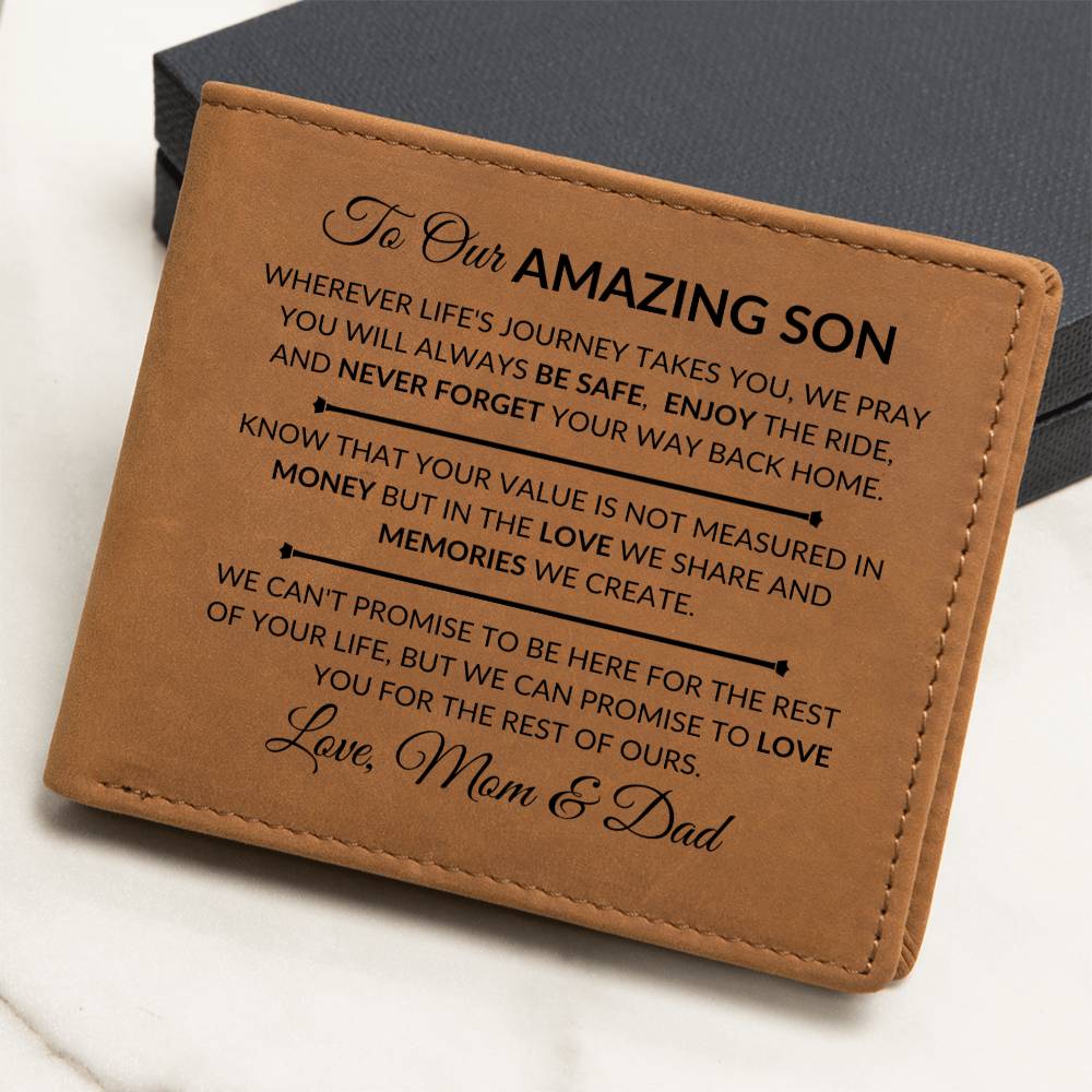 Gift For Son From Mom and Dad - Never Forget Your Way Home - Men's Custom Bi-fold Leather Wallet - Great Christmas Gift or Birthday Present Idea