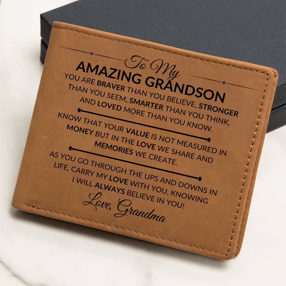 Gift For My Grandson From Grandma - Carry My Love With You - Men's Custom Bi-fold Leather Wallet - Great Christmas Gift or Birthday Present Idea