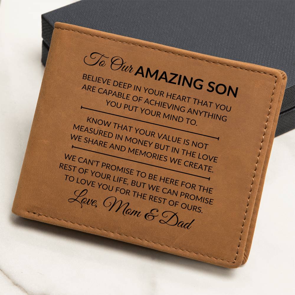 Son Gift From Mom and Dad - You Can Achieve Anything - Men's Custom Bi-fold Leather Wallet - Great Christmas Gift or Birthday Present Idea