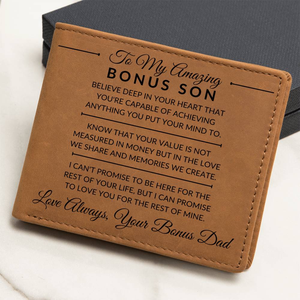 Bonus Son Gift From Bonus Dad - You Can Achieve Anything - Men's Custom Bi-fold Leather Wallet - Great Christmas Gift or Birthday Present Idea