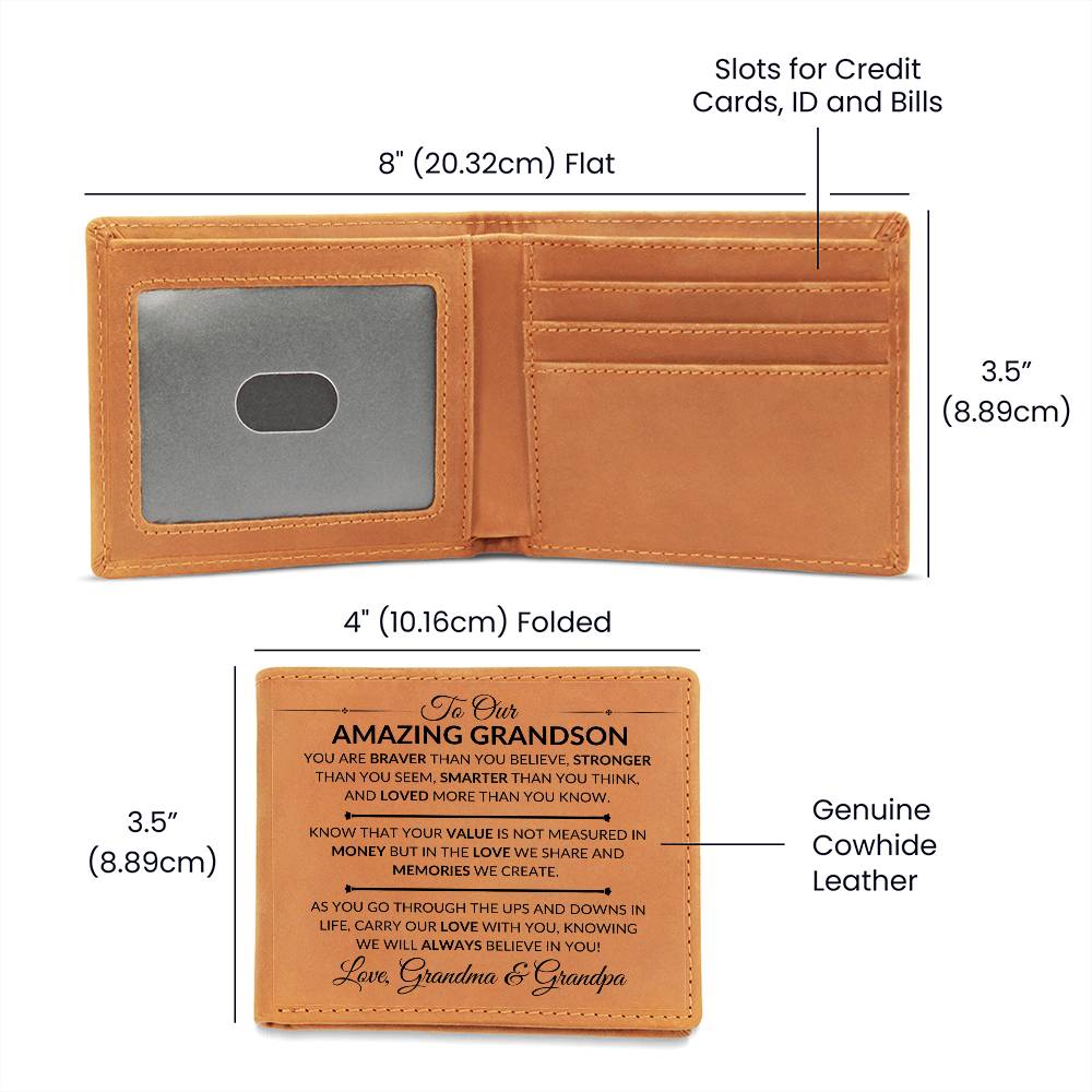 Gift For Our Grandson From Grandma and Grandpa - Carry Our Love With You - Men's Custom Bi-fold Leather Wallet - Great Christmas Gift or Birthday Present Idea