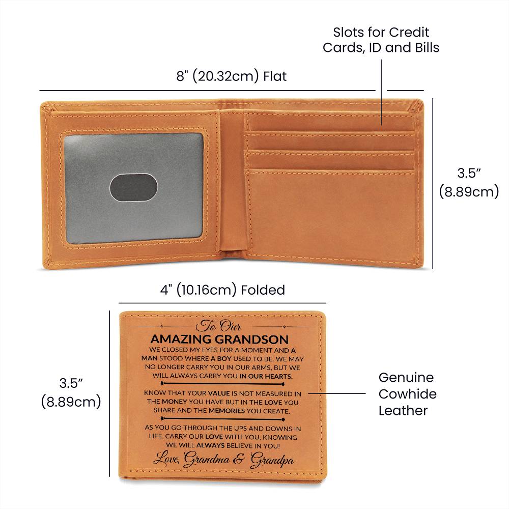 Gift For Our Grandson From His Grandma and Grandpa - We Closed Our Eyes - Men's Custom Bi-fold Leather Wallet - Great Christmas Gift or Birthday Present Idea