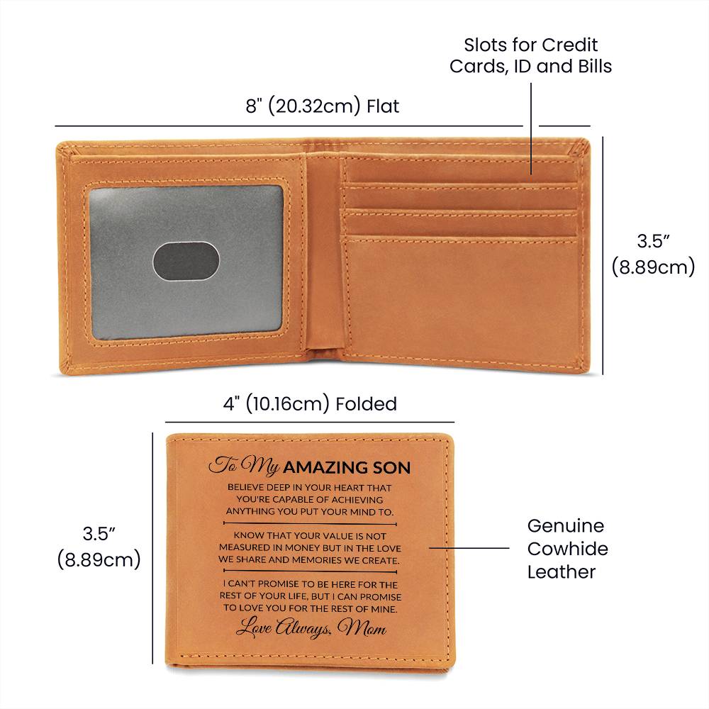 Son Gift From Mom - You Can Achieve Anything - Men's Custom Bi-fold Leather Wallet - Great Christmas Gift or Birthday Present Idea