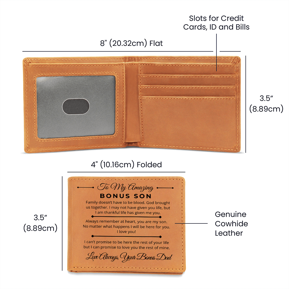 Family Doesn't Have To Be Blood - Custom Bi-fold Leather Wallet - Gift For Bonus Son From Bonus Dad - Liliana and Liam