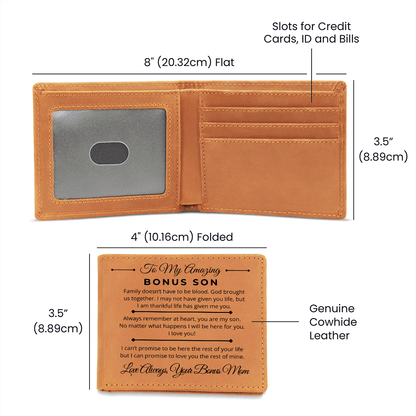 Family Doesn't Have To Be Blood - Custom Bi-fold Leather Wallet - Gift For Bonus Son From Bonus Mom - Liliana and Liam
