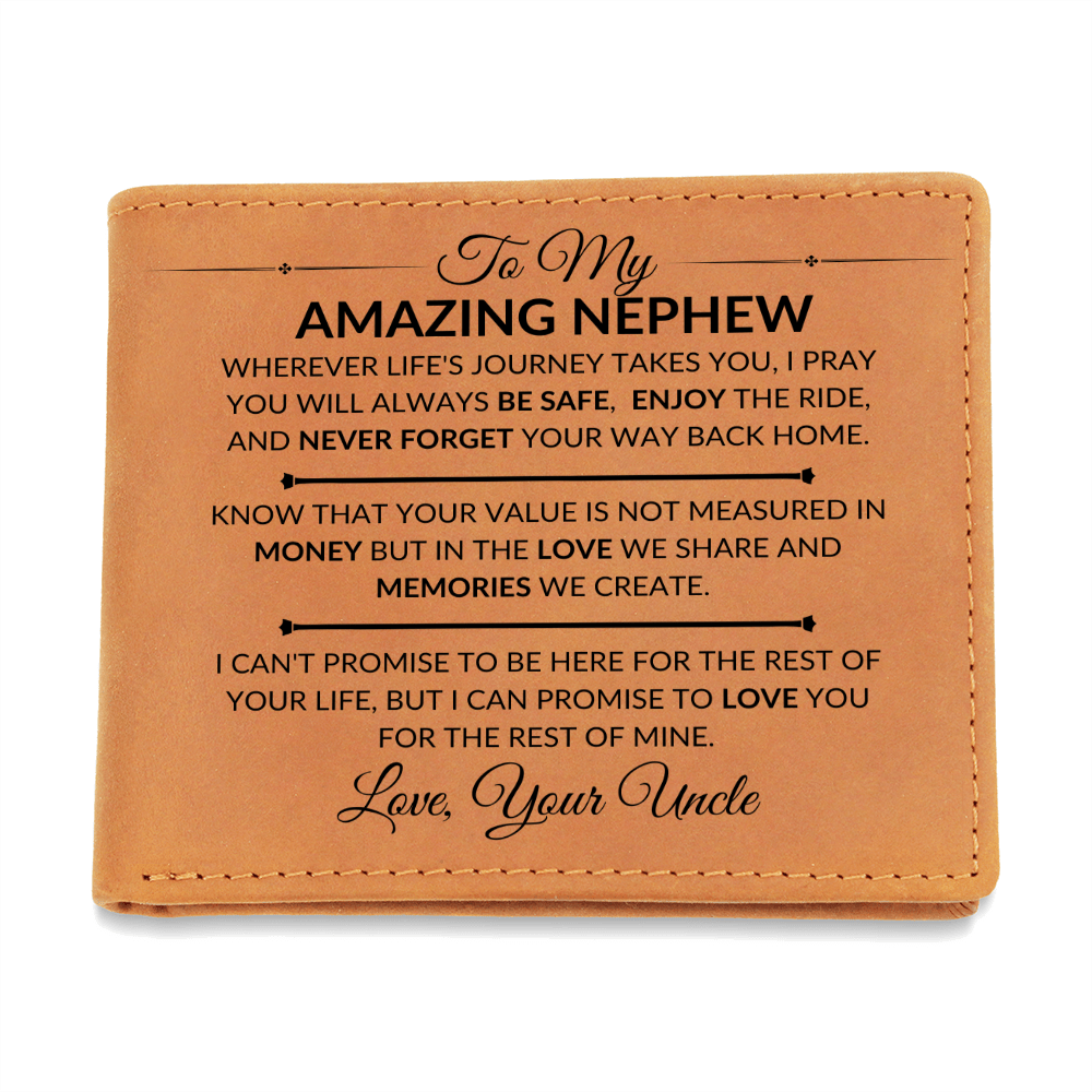 Gift For Nephew From Uncle- Never Forget Your Way Home - Men's Custom Bi-fold Leather Wallet - Great Gift Idea