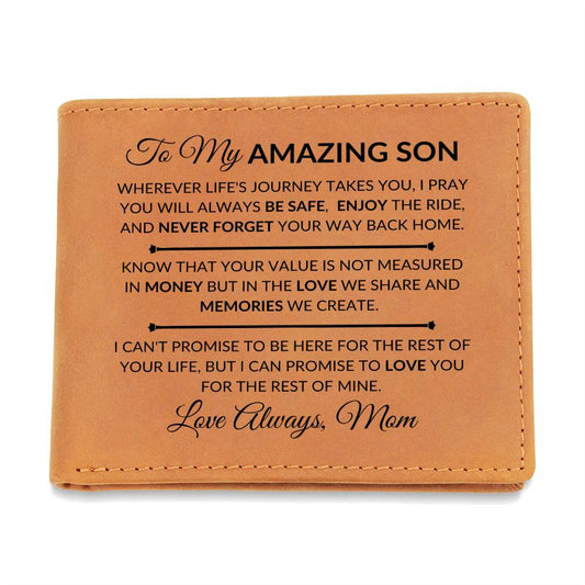 Gift For Son From Mom- Never Forget Your Way Home - Men's Custom Bi-fold Leather Wallet - Great Christmas Gift or Birthday Present Idea