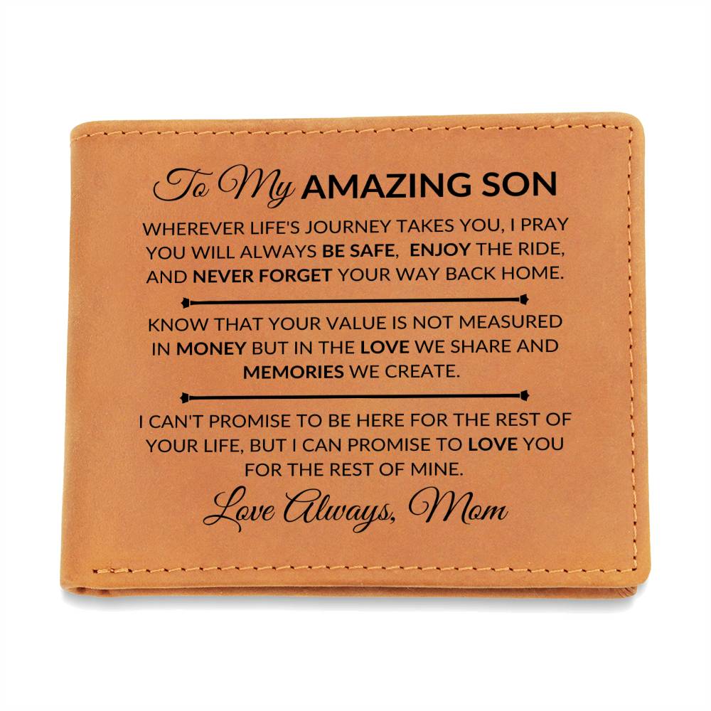 Gift For Son From Mom- Never Forget Your Way Home - Men's Custom Bi-fold Leather Wallet - Great Christmas Gift or Birthday Present Idea