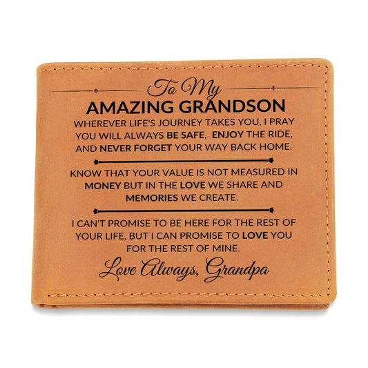 Gift For Grandson From Grandpa - Never Forget Your Way Home - Men's Custom Bi-fold Leather Wallet - Great Christmas Gift or Birthday Present Idea