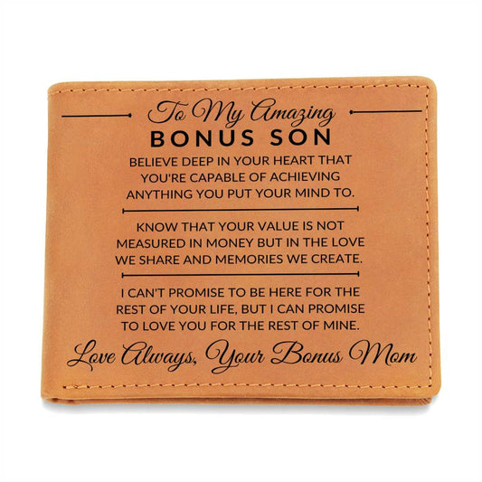 Bonus Son Gift From Bonus Mom - You Can Achieve Anything - Men's Custom Bi-fold Leather Wallet - Great Christmas Gift or Birthday Present Idea