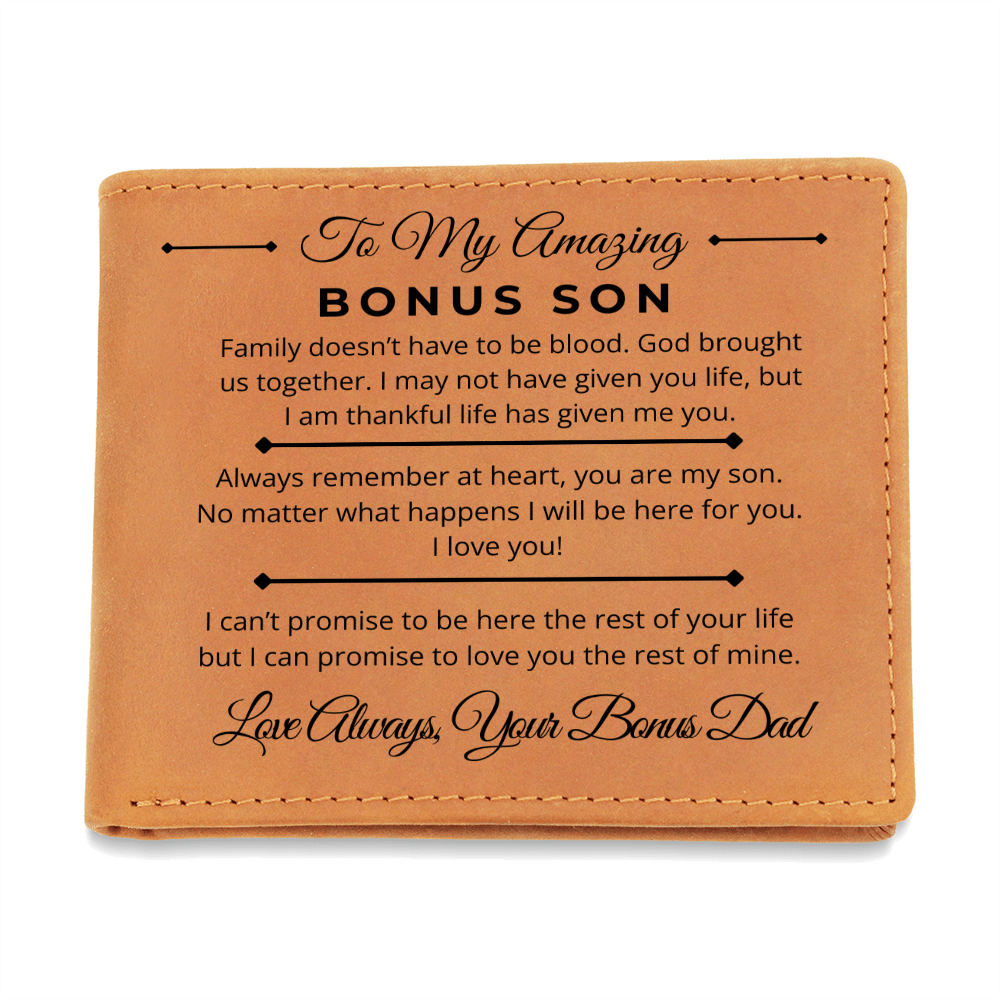 Family Doesn't Have To Be Blood - Custom Bi-fold Leather Wallet - Gift For Bonus Son From Bonus Dad - Liliana and Liam
