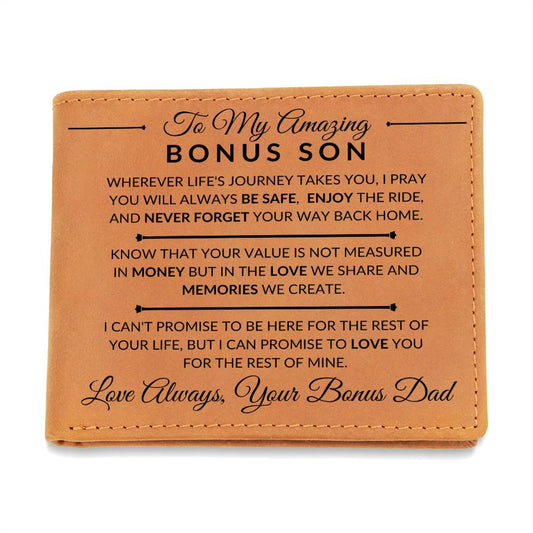 Gift For Bonus Son From Bonus Dad - Never Forget Your Way Home - Men's Custom Bi-fold Leather Wallet - Great Christmas Gift or Birthday Present Idea