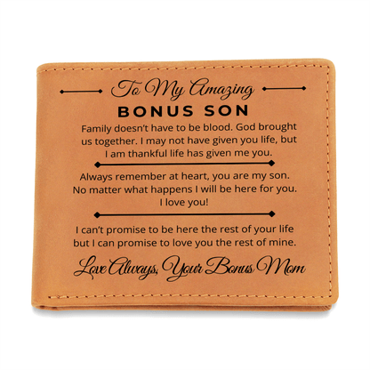 Family Doesn't Have To Be Blood - Custom Bi-fold Leather Wallet - Gift For Bonus Son From Bonus Mom - Liliana and Liam