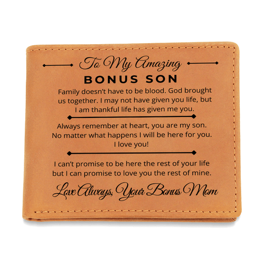 Family Doesn't Have To Be Blood - Custom Bi-fold Leather Wallet - Gift For Bonus Son From Bonus Mom - Liliana and Liam