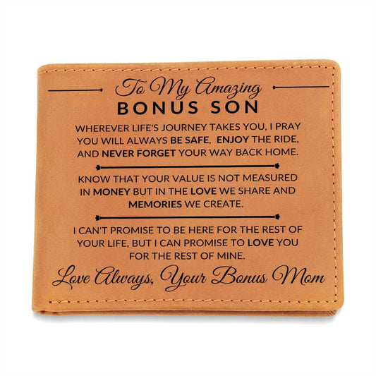 Gift For Bonus Son From Bonus Mom - Never Forget Your Way Home - Men's Custom Bi-fold Leather Wallet - Great Christmas Gift or Birthday Present Idea