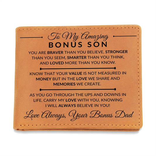 Gift For My Bonus Son From Bonus Dad - Carry My Love With You - Men's Custom Bi-fold Leather Wallet - Great Christmas Gift or Birthday Present Idea